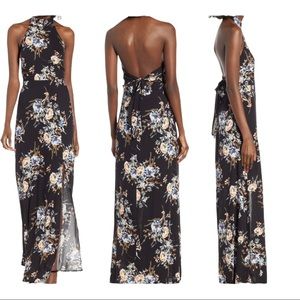 ASTR x REVOLVE Black Floral Halter Tie Back Open Back Maxi Dress XS